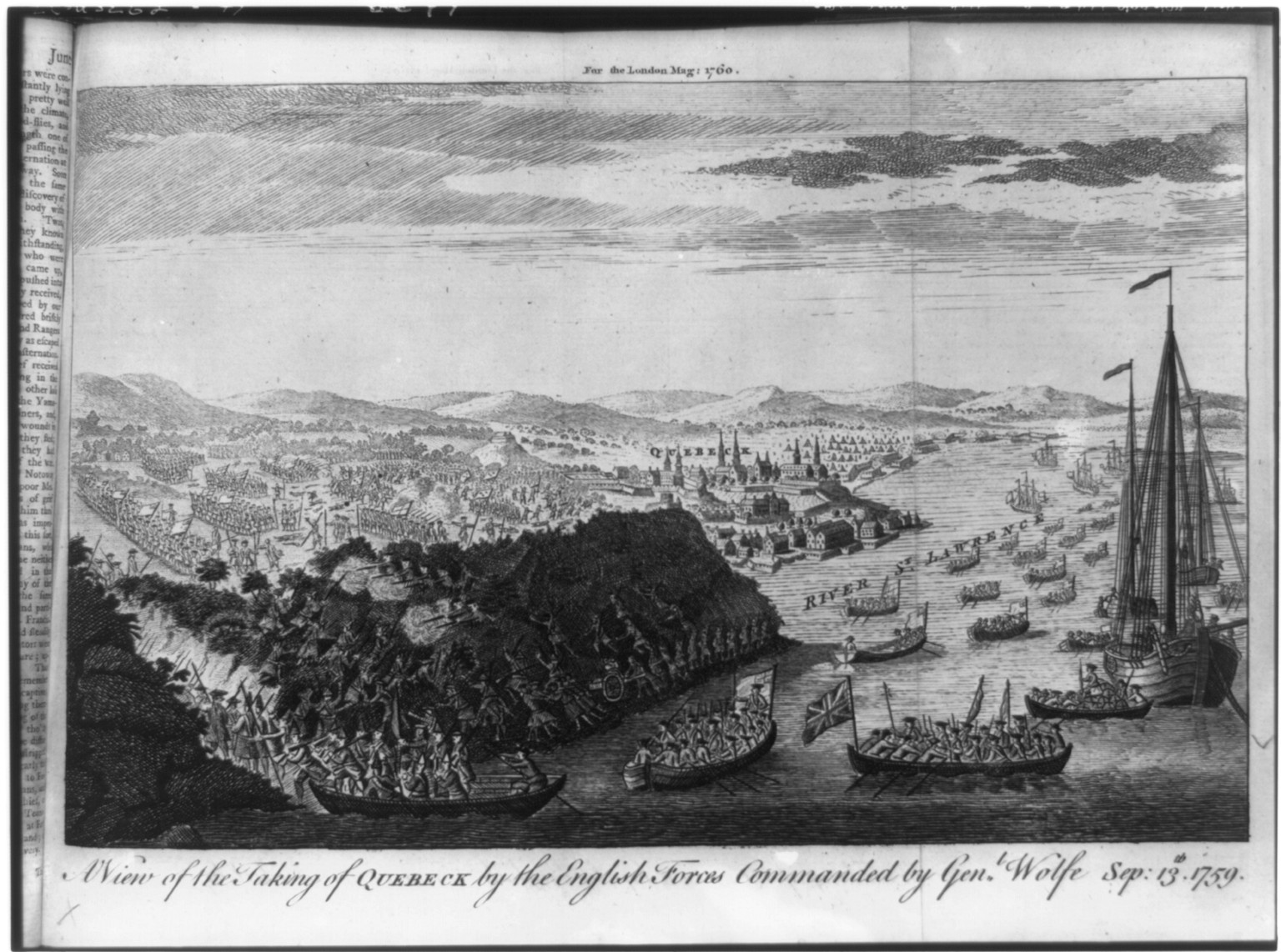 A View of the taking of Quebeck by the English forces commanded by Gen. Wolfe, Sep: 13th, 1759, [1760] — antique engraving