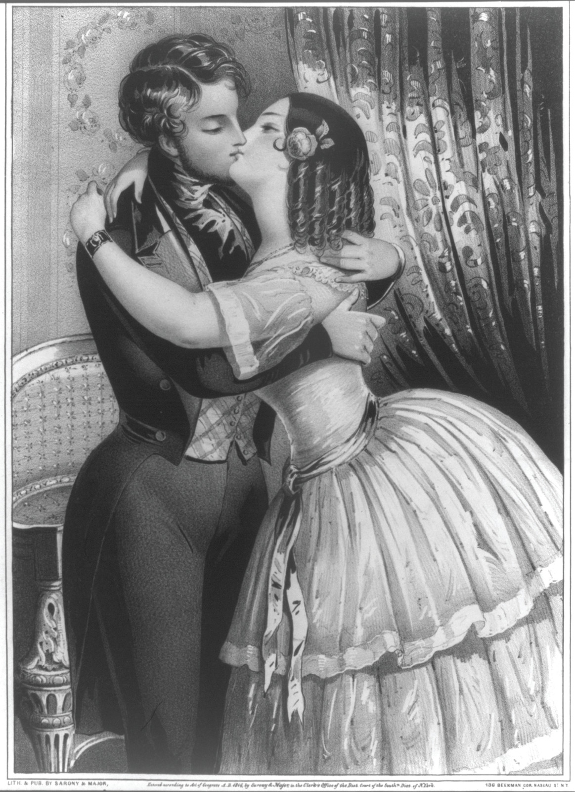 Romantic Couple Kissing by Draped Curtain, Lithograph — antique lithograph