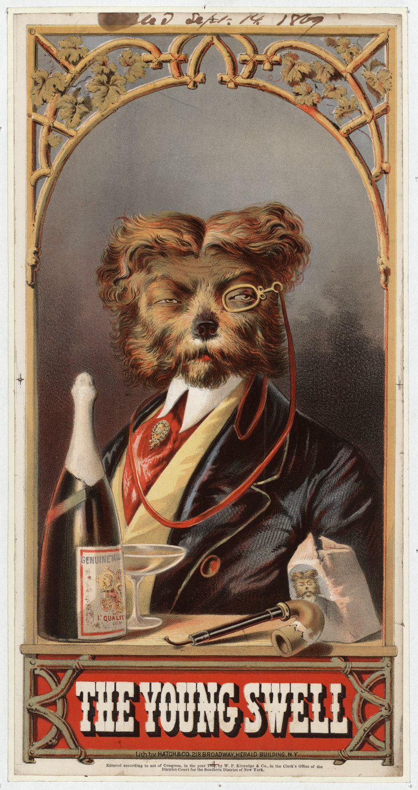 The Young Swell, anthropomorphic dog lithograph advertising champagne and tobacco — antique lithograph
