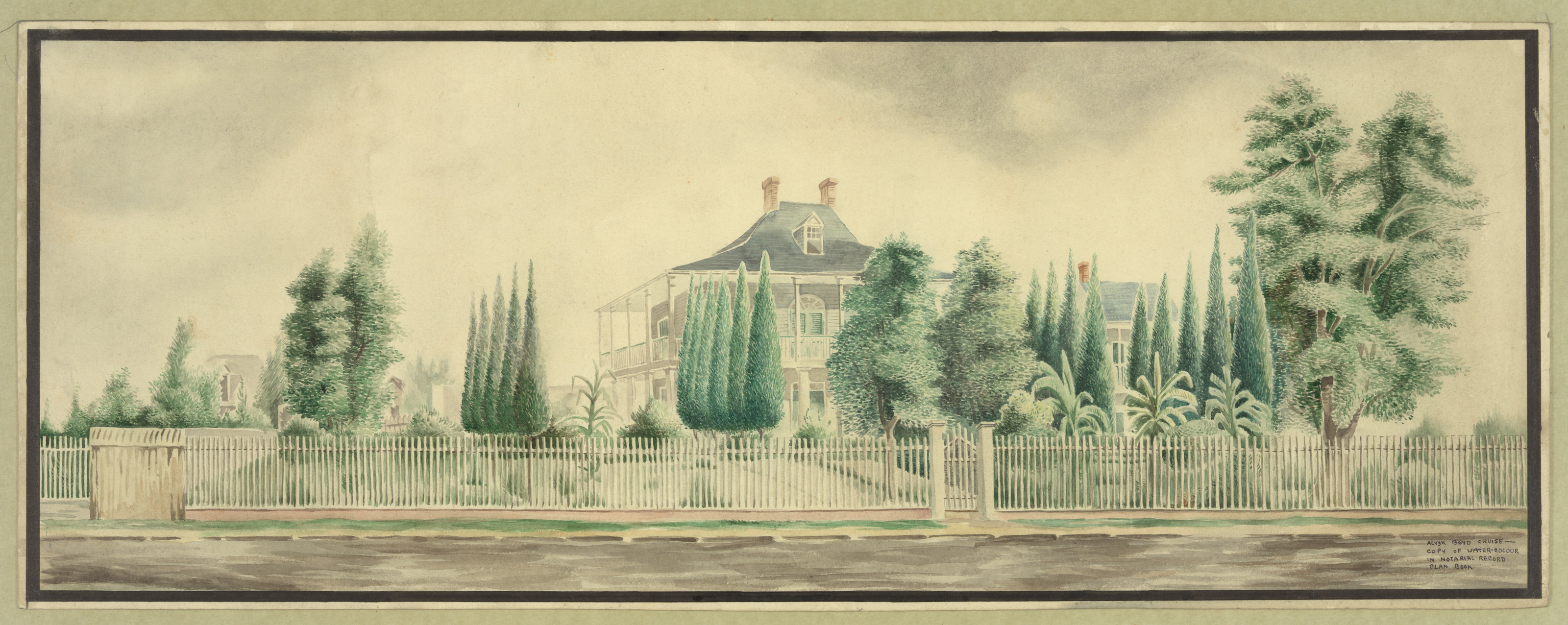 Watercolor of a large house behind a white picket fence — historic image