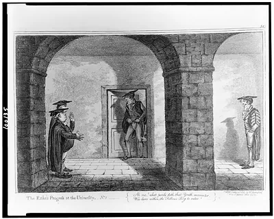 The rake's progress at the university. No. 1. Ah me! What perils doth that youth encounter ...