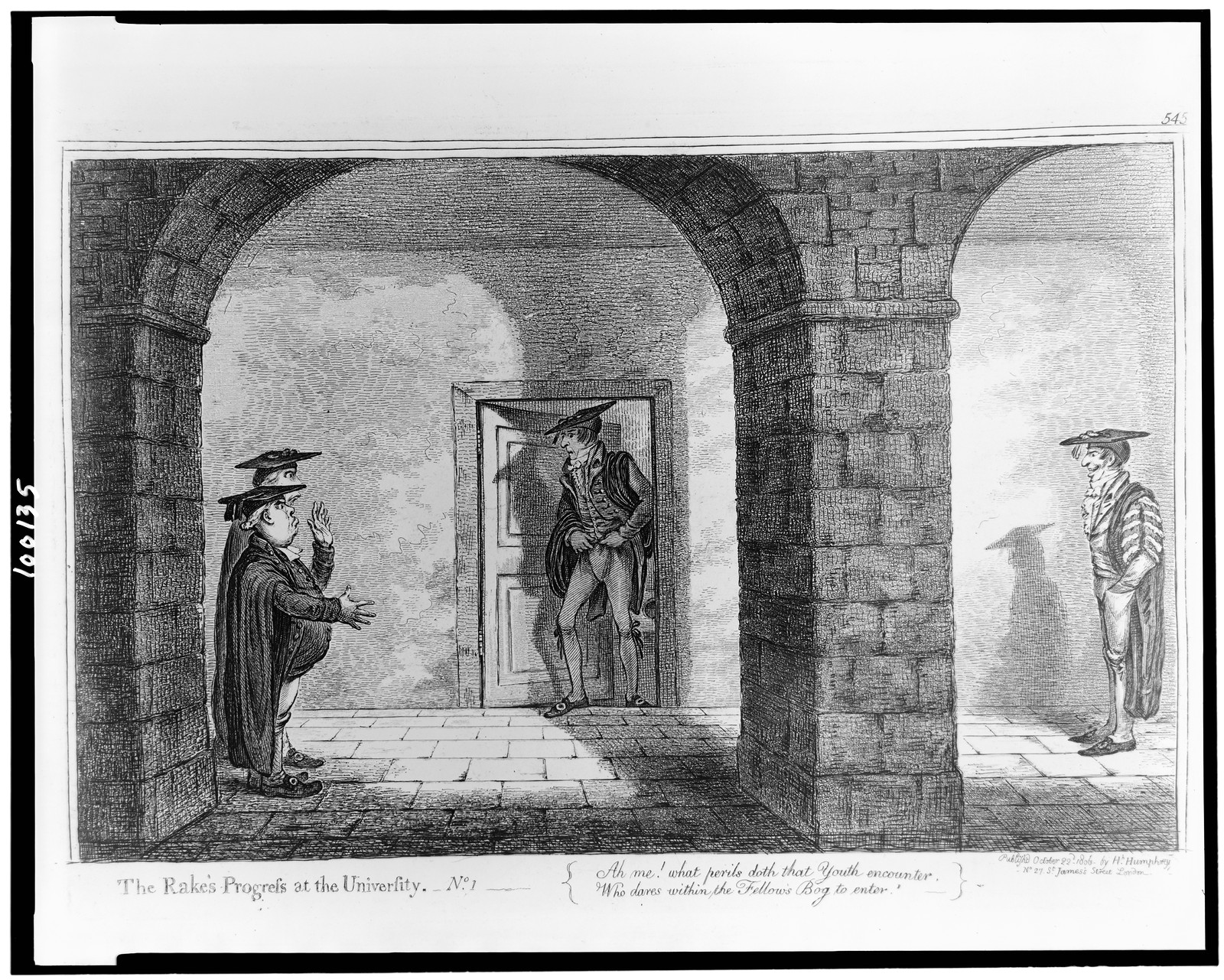 The rake's progress at the university. No. 1. Ah me! What perils doth that youth encounter ..., London : H. Humphrey, 1806 October 22 [1851 printing] — antique engraving