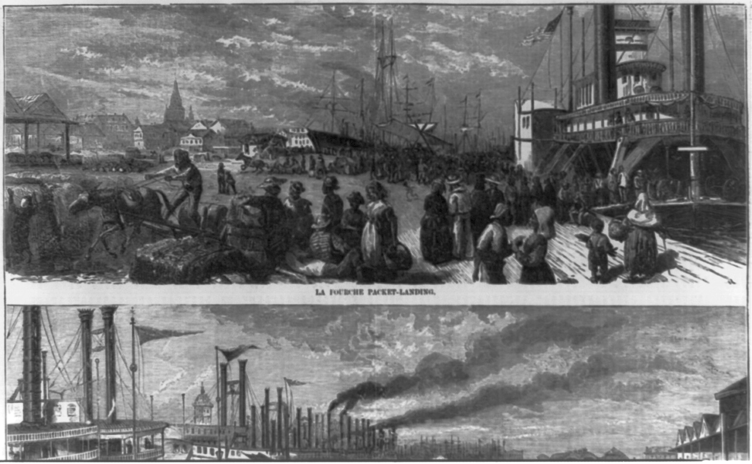 Sketches in New Orleans - La Fourche Packet-Landing, 1871 July 22. — antique engraving