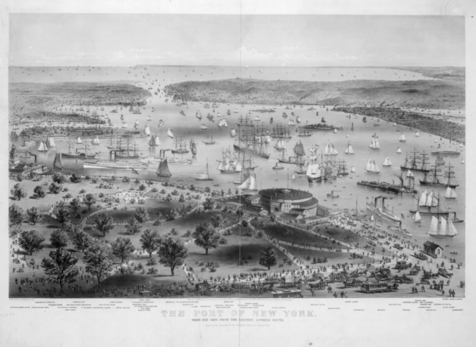 The Port of New York: birds eye view from the battery, looking South, New York : Published by Currier & Ives, c1872. — antique lithograph