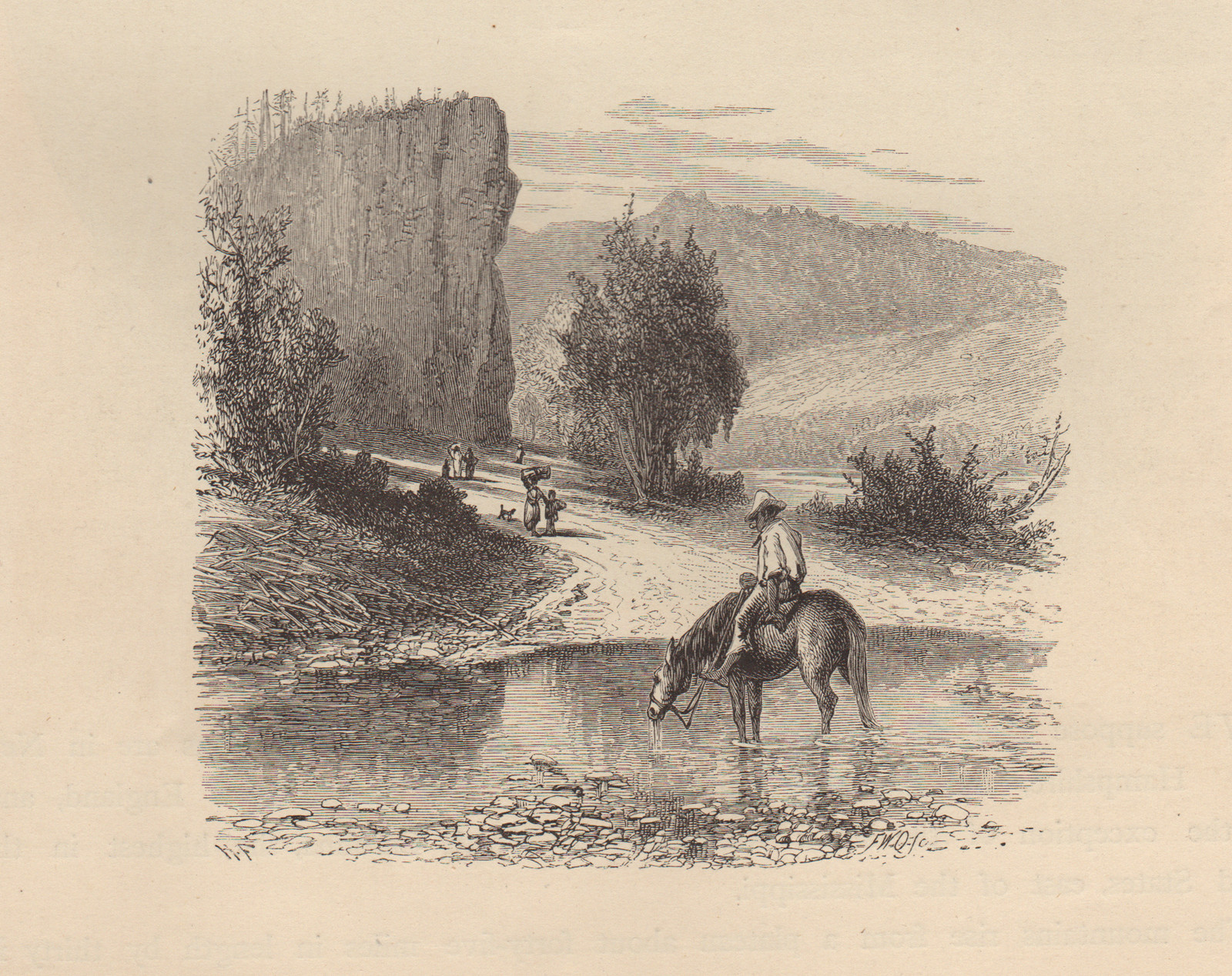 Horseman watering his horse at a rocky river ford — historic image