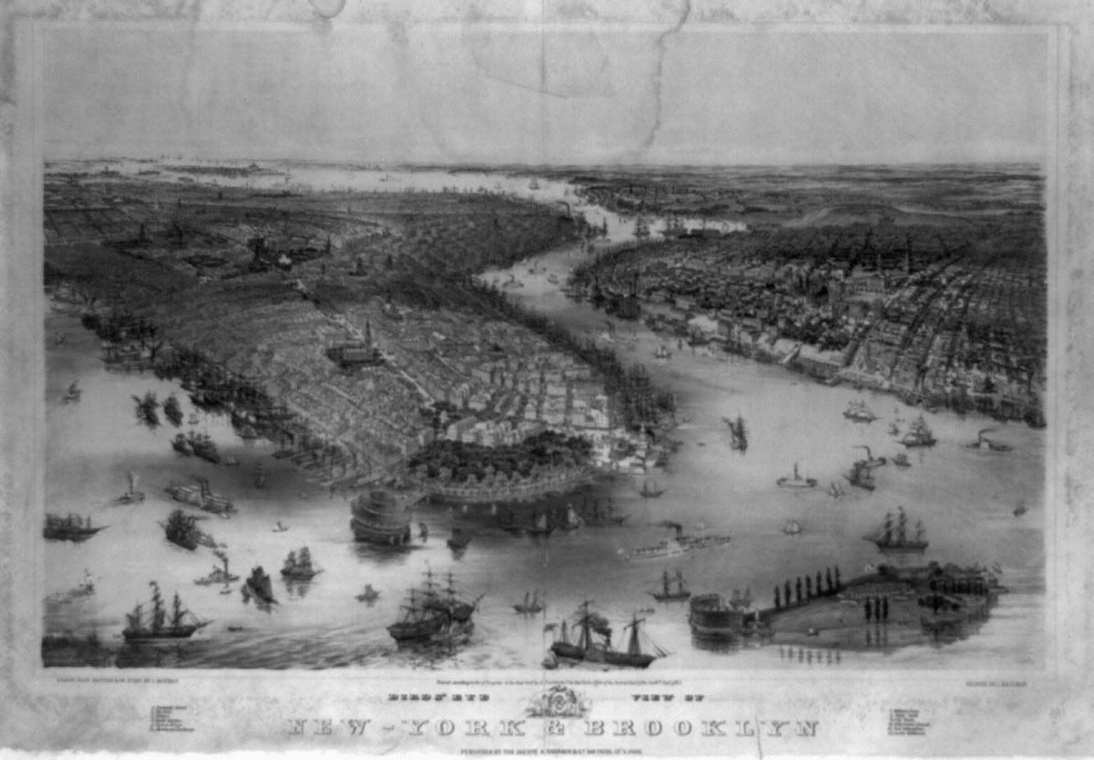 Bird's eye view of New-York & Brooklyn / drawn from nature & on stone by J. Bachman[n]., New York : Published by A. Guerber & Co., c1851 (Printed by J. Bachman[n]) — antique lithograph