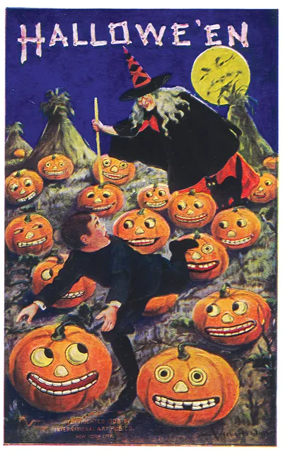Halloween postcard with witch and jack-o'-lanterns