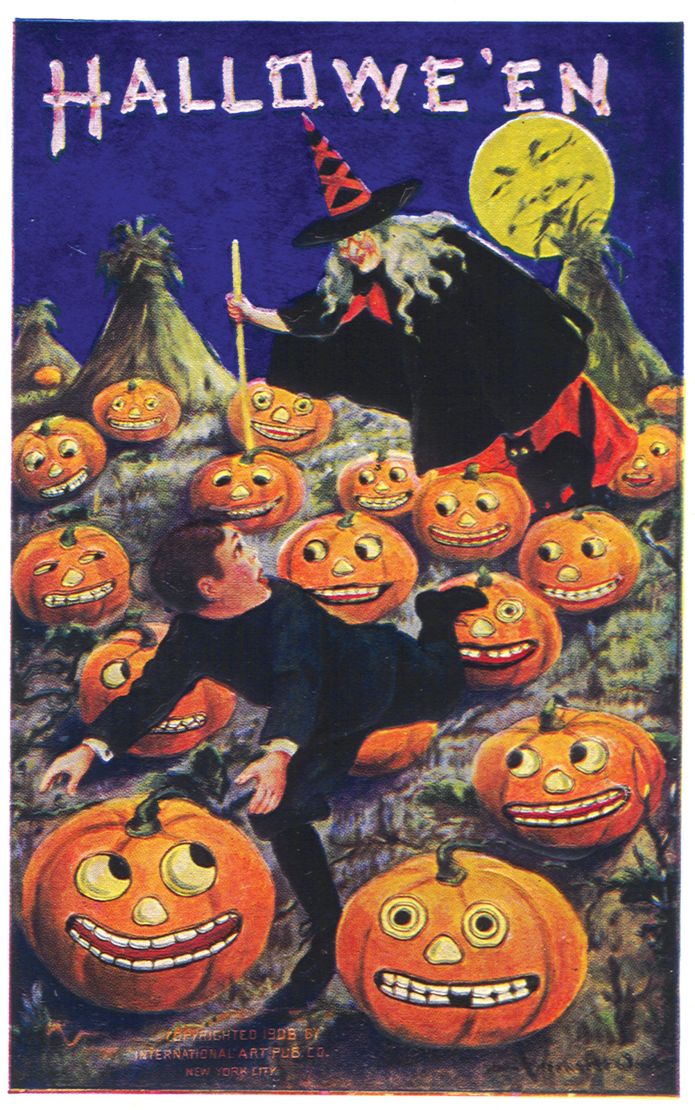 Halloween postcard with witch and jack-o'-lanterns — vintage postcard