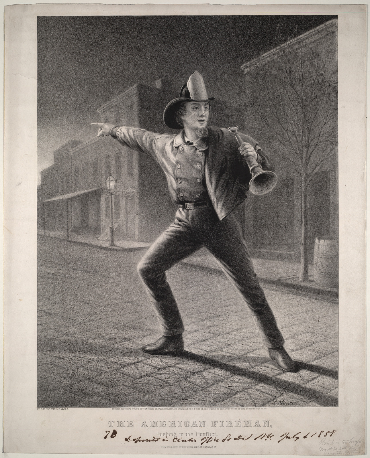 The American fireman: rushing to the conflict, [New York] : Currier & Ives, 1858. — antique lithograph