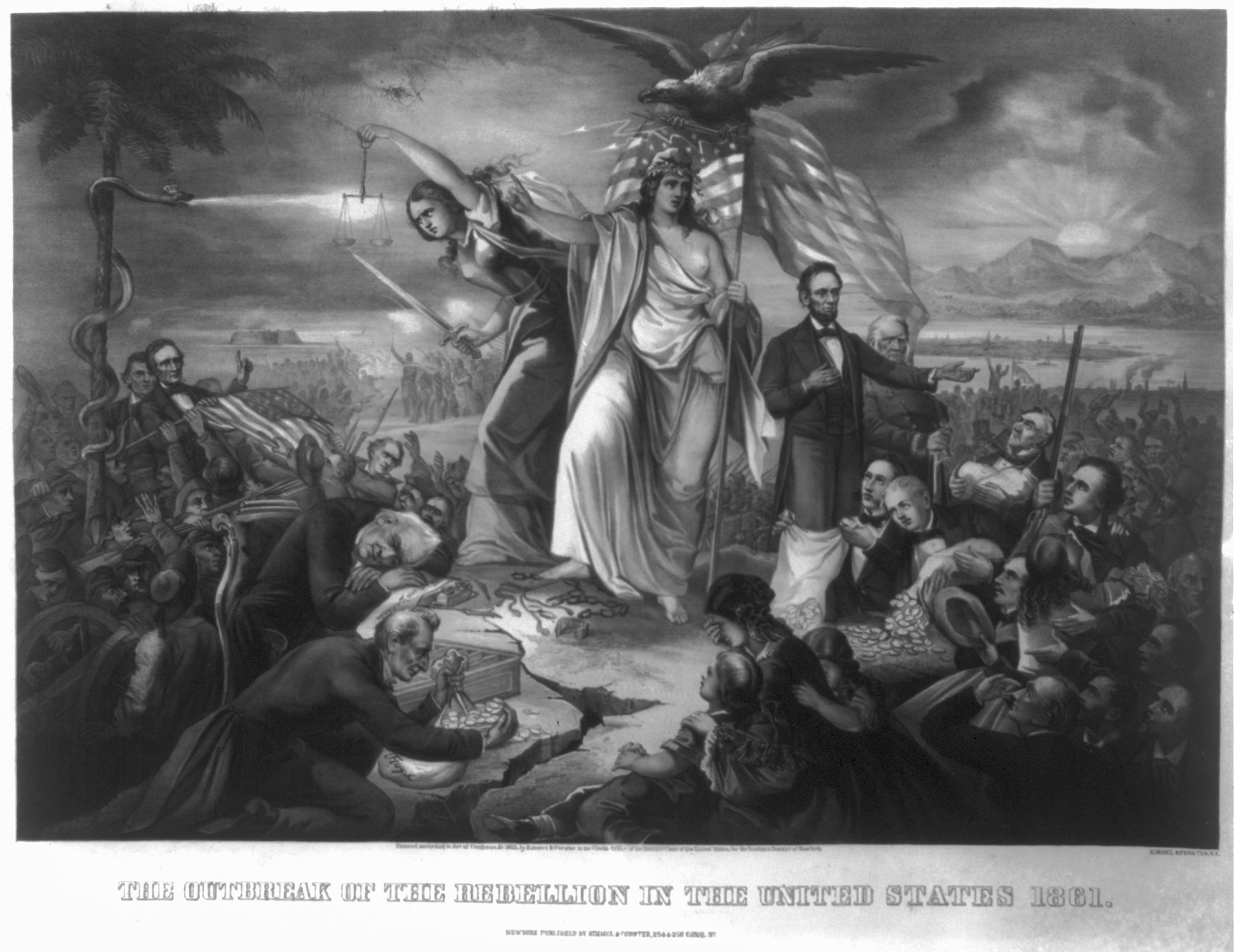 The outbreak of the rebellion in the United States 1861, New York : Published by Kimmel & Forster, 254 & 265 Canal St, c1865. — antique lithograph