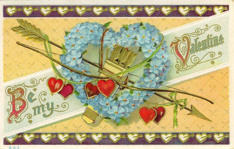 Be My Valentine postcard with blue flower heart and arrow — vintage postcard