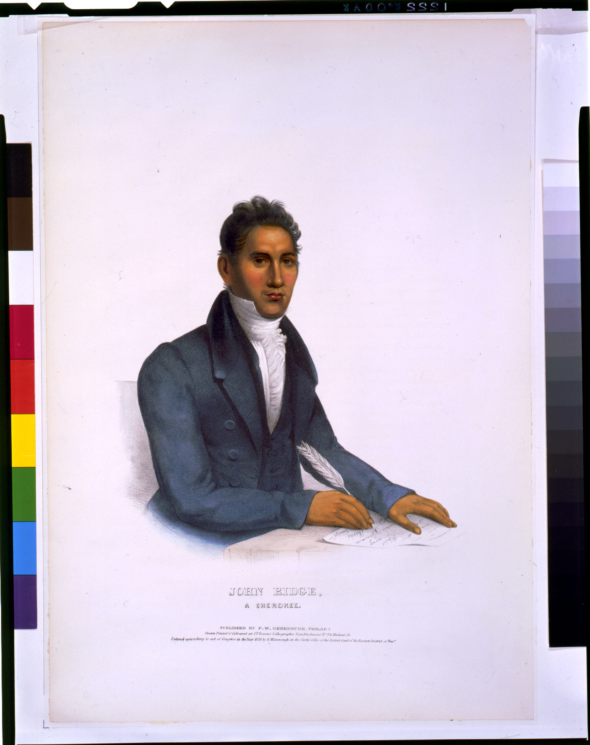 John Ridge, a Cherokee / drawn, printed & coloured at I.T. Bowen's Lithographic Establishment., Philada. : published by F.W. Greenough, c1838. — antique lithograph