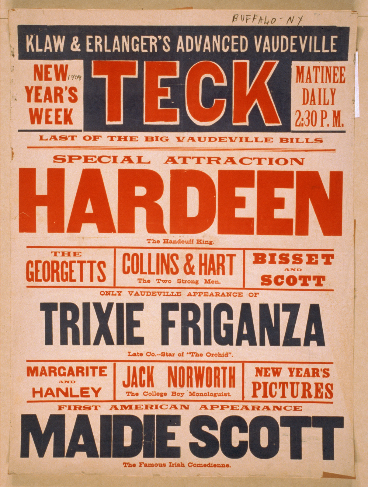 Special attaction Hardeen the handcuff king., 1908 — vintage poster