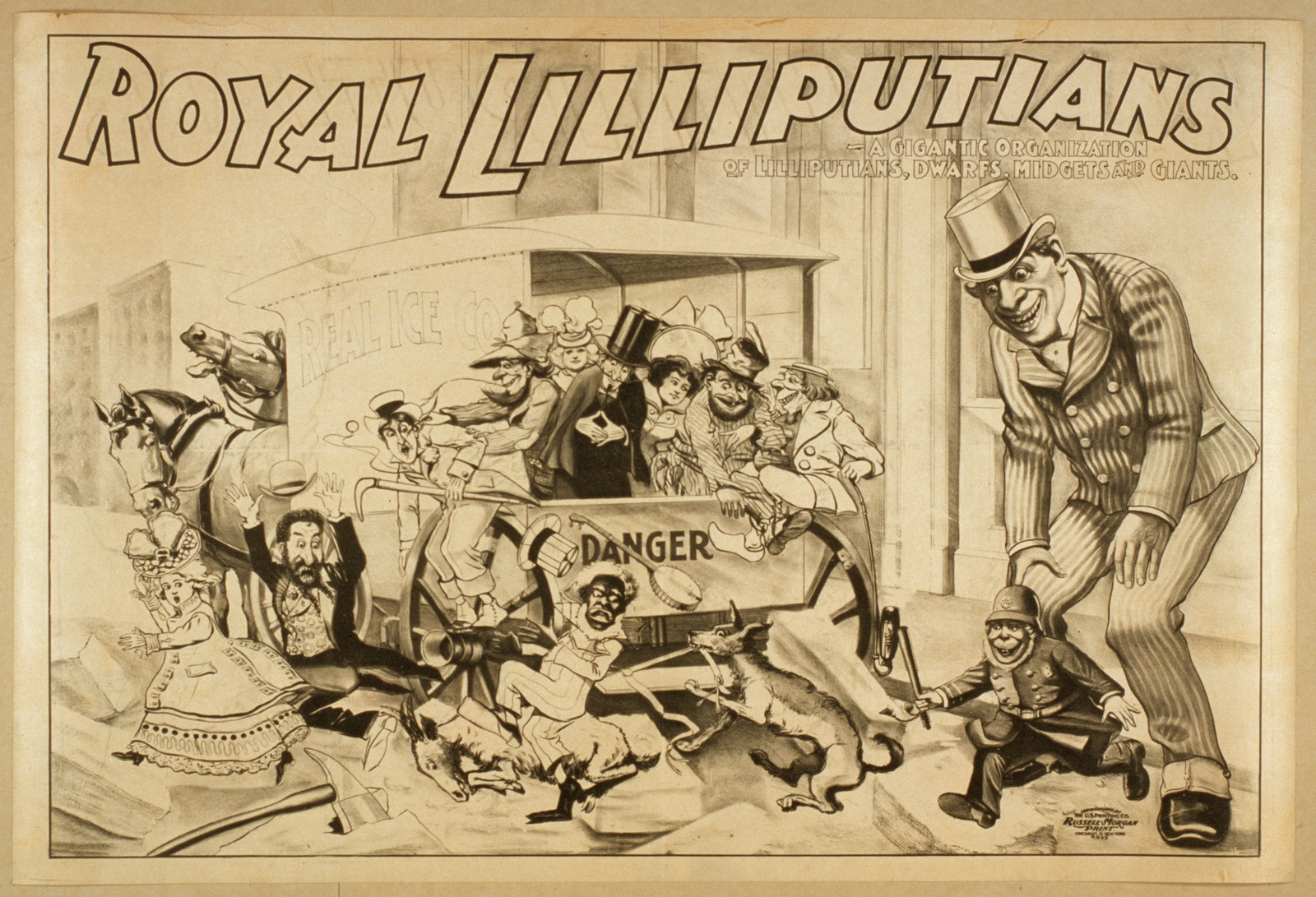 Royal Lilliputians a gigantic organization of lilliputians dwarfs midgets and giants., 1900 — vintage poster