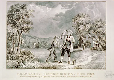 Franklin's experiment, June 1752: Demonstrating the identity of lightning and electricty, from which he invented the lightning rod