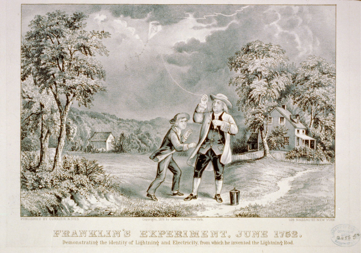 Franklin's experiment, June 1752: Demonstrating the identity of lightning and electricty, from which he invented the lightning rod, New York : Published by Currier & Ives, c1876. — antique lithograph