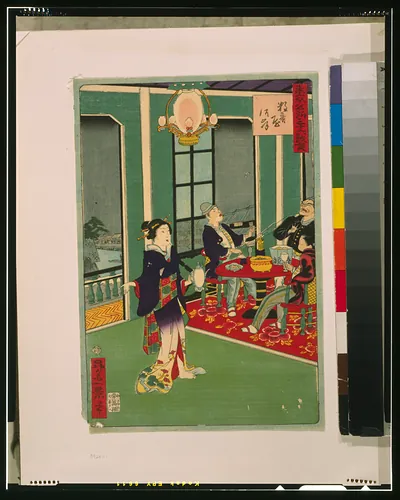 Tokyo meisho sanjuroku gisen - sukiya [ongishi]TITLE TRANSLATION:Thirty-six amusements in Tokyo - foreigners at a sukiya (tea house).
