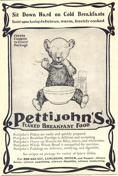 Pettijohn's Flaked Breakfast Food advertisement with teddy bear