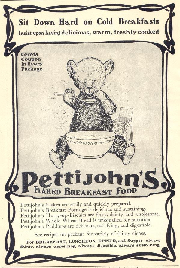Pettijohn's Flaked Breakfast Food advertisement with teddy bear — historic image