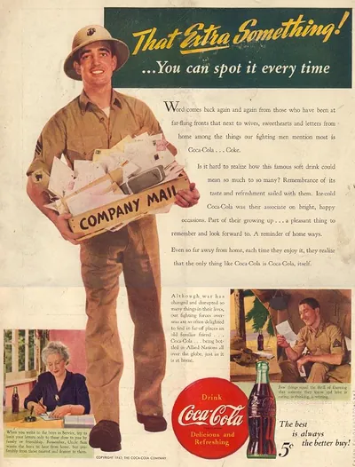 Coca-Cola "That Extra Something" WWII advertisement with soldier and Company Mail