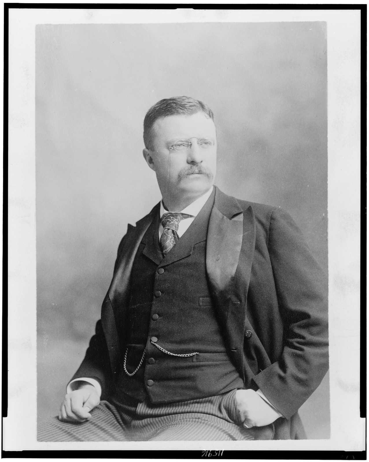 [Theodore Roosevelt, three-quarter length portrait, seated, facing right], c1900. — historic photograph