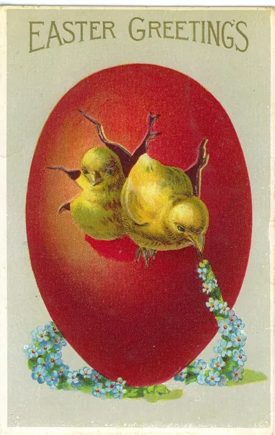 Easter Greetings postcard with two chicks on a red egg