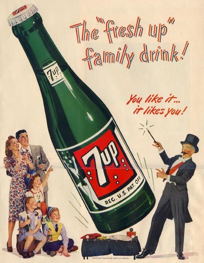 Vintage 7up advertisement: giant bottle, family drink — historic image