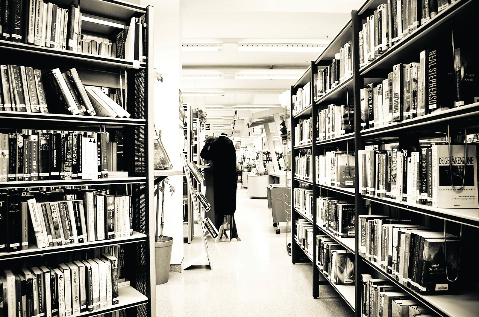 Library bookshelves in a black and white photograph — historic photograph