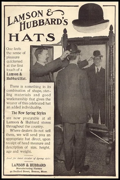 Lamson & Hubbard's Hats magazine advertisement with men fitting hats