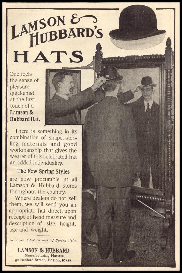 Lamson & Hubbard's Hats magazine advertisement with men fitting hats — historic image