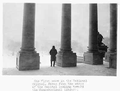 The first snow in the National Capitol - scene from the steps of the U.S. Capitol, looking toward the Congressional Library