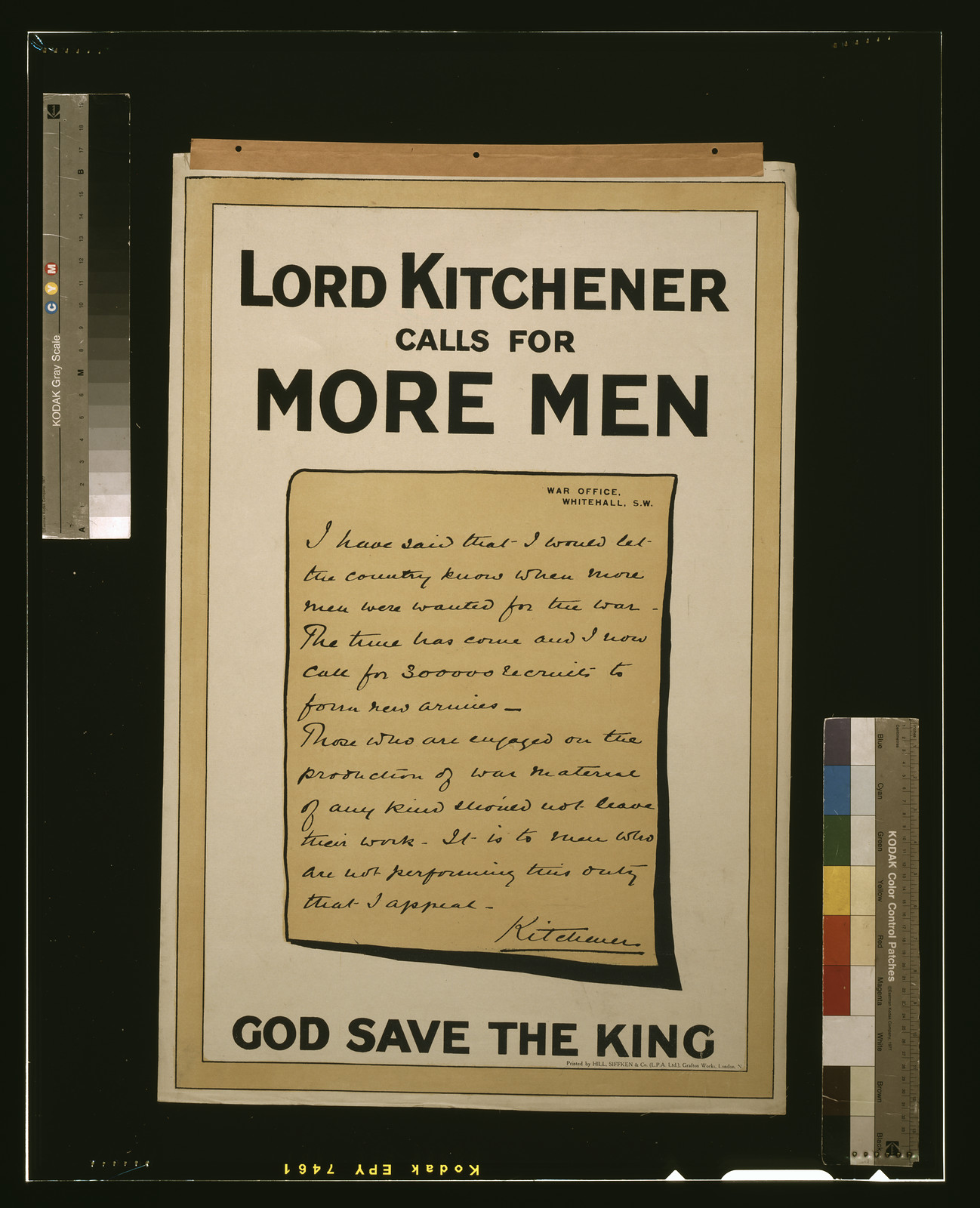 Lord Kitchener calls for more men. God save the king / printed by Hill, Siffken & Co. (L.P.A. Ltd.), Grafton Works, London, N., [S.l. : s.n., 1915] — vintage poster