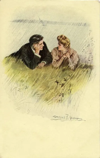 Couple lying together in rainy grass, painted illustration