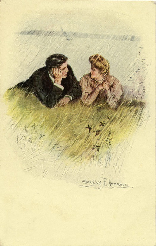 Couple lying together in rainy grass, painted illustration — historic image