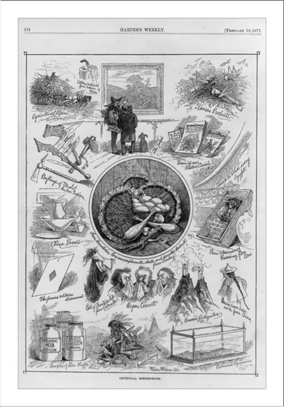 Centennial reminiscences [caricature of vignette scenes from 1876 Phila. Centennial expo., including Indian carrying" (scalping scene) "bits of frontier life..." (handful of scalps) and "playthings of ... the poor Indian" (knives and tomahawks)]"