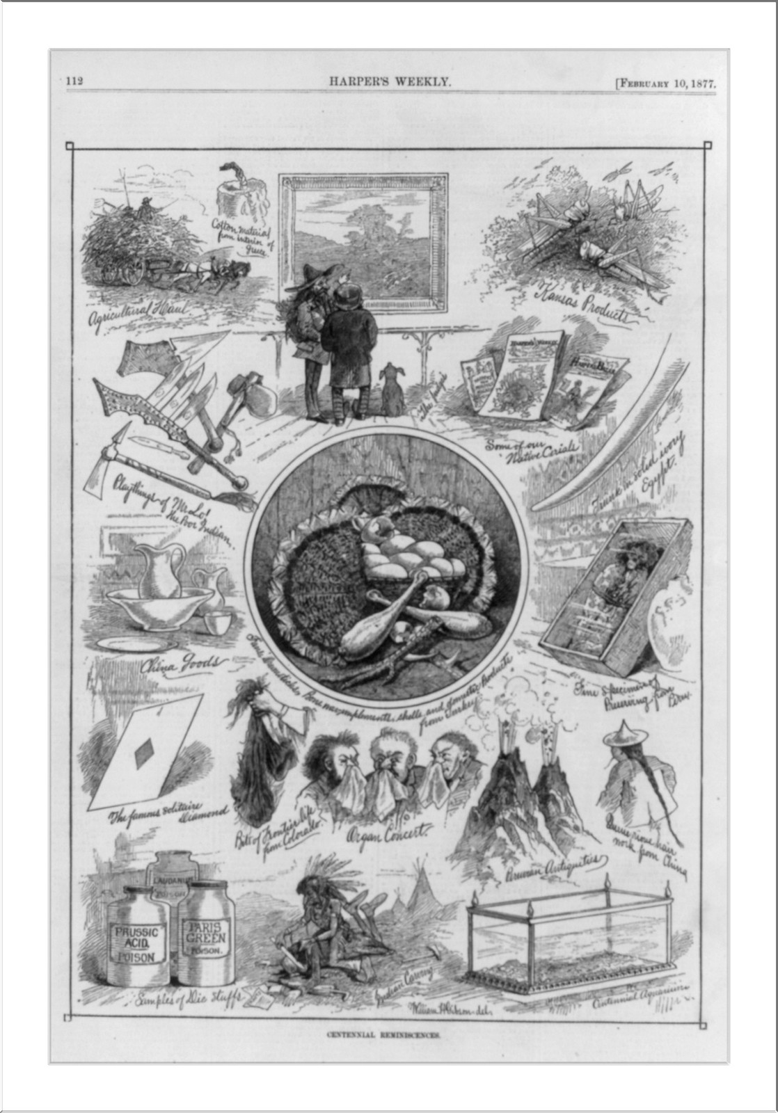Centennial reminiscences [caricature of vignette scenes from 1876 Phila. Centennial expo., including Indian carrying" (scalping scene) "bits of frontier life..." (handful of scalps) and "playthings of ... the poor Indian" (knives and tomahawks)]", 1877 — antique engraving