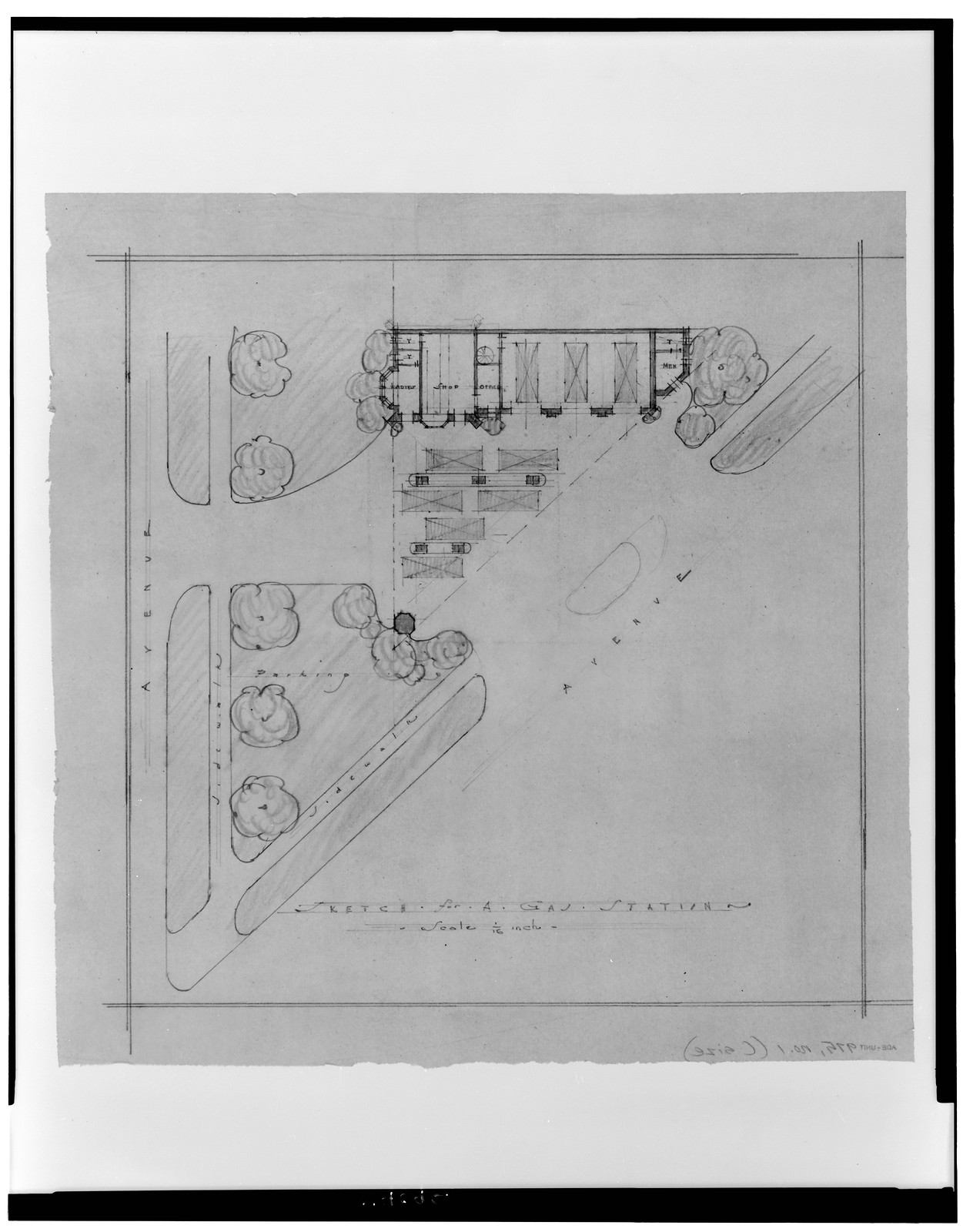 [Alterations to an automobile service station for American Oil Co., Massachusetts Avenue and Wisconsin Avenue, N.W., Washington, D.C. Landscape plan, floor plan], and Engineering (ADE) Drawings" (http://www.loc.gov/rr/print/res/103_ade.html)." — historic drawing