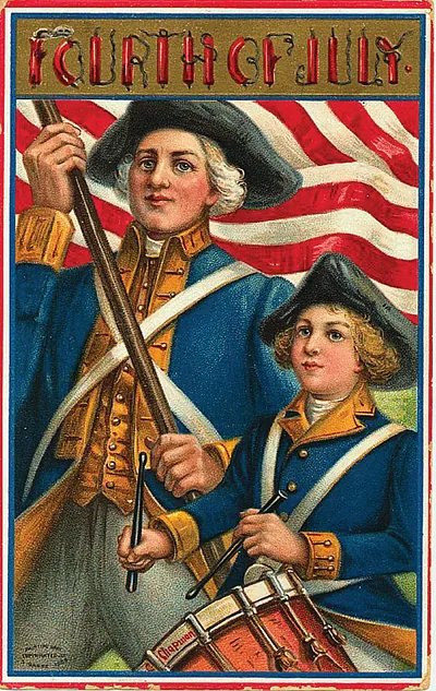 Fourth of July postcard with drummers and flag