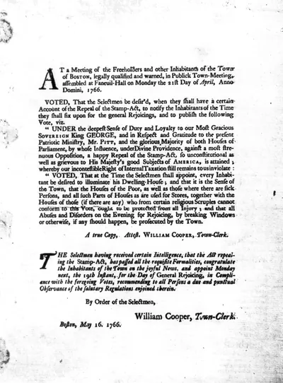 [Broadside concerning repeal of Stamp Act, printed in Boston, May 16, 1766]