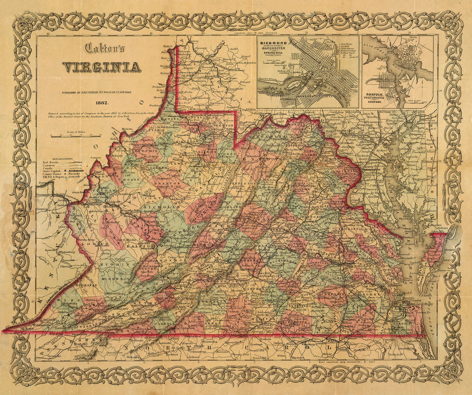Colton's Virginia map, 1862 — antique map