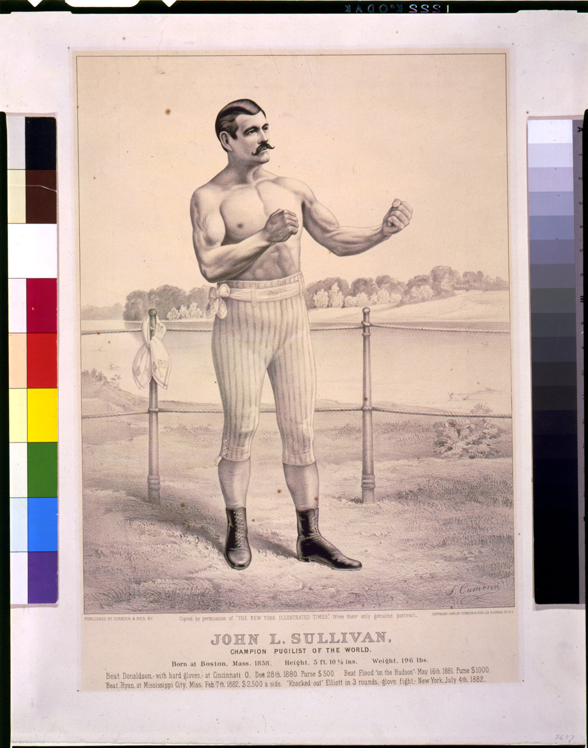 John L. Sullivan, champion pugilist of the world / J. Cameron., New York : Published by Currier & Ives, c1883. — antique lithograph