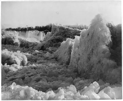 [Ice bridge, Niagara Falls, American Falls in distance]