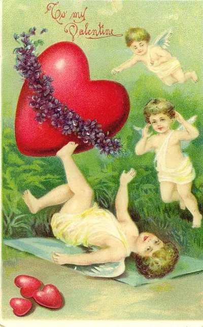 To my Valentine: cherubs with red heart and violets