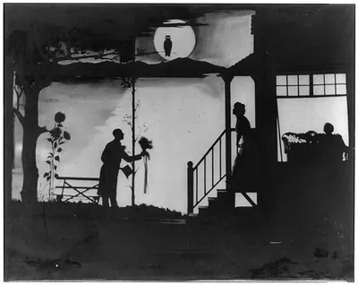 Silhouette scene of a man with flowers, woman on stairs, owl