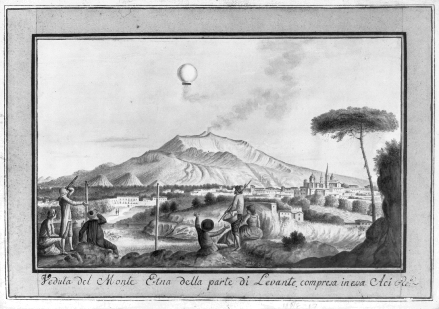 [Balloon above crater of Mount Etna. Sicily, ca. 1800], [no date recorded on caption card] — historic print