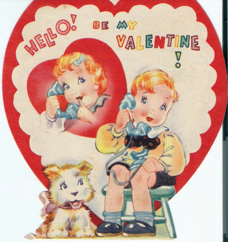 Hello! Be My Valentine! Die-cut heart card with children — historic image
