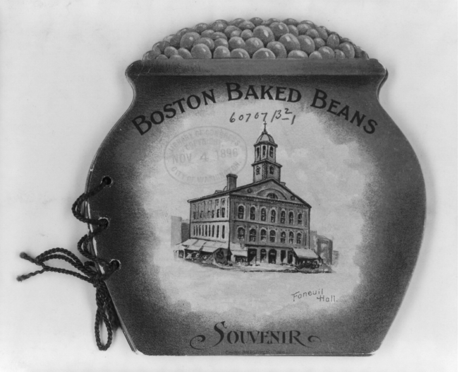 [Cover of souvenier album of historic sites of Boston, shaped as beanpot, with illus. of Faneuil Hall], c1896. — antique lithograph