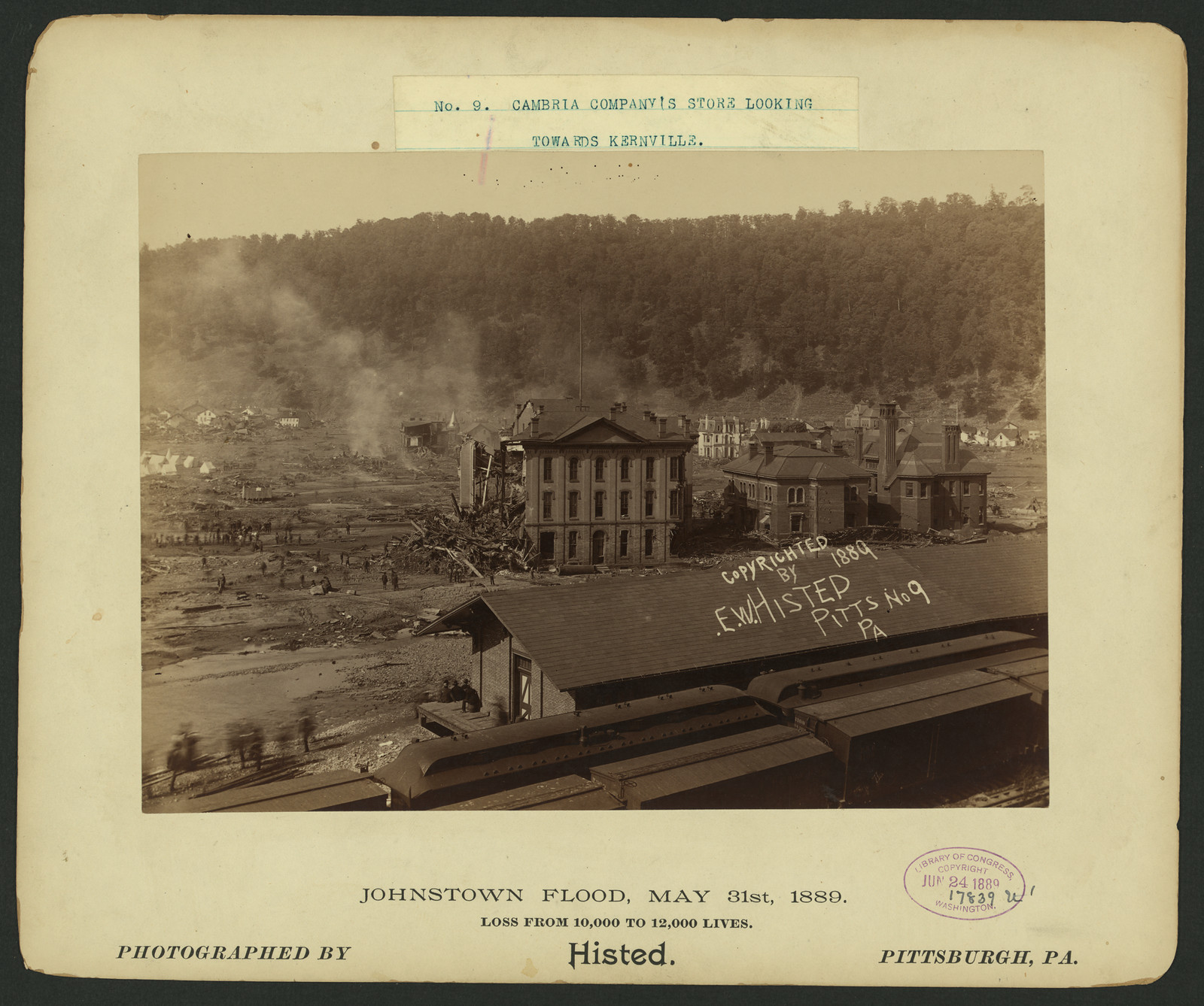 Cambria Company's store looking towards kernville, Johnstown Flood, May 31st, 1889, c1889. — historic photograph