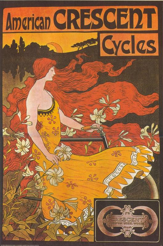 American Crescent Cycles poster with woman and bicycle — vintage poster