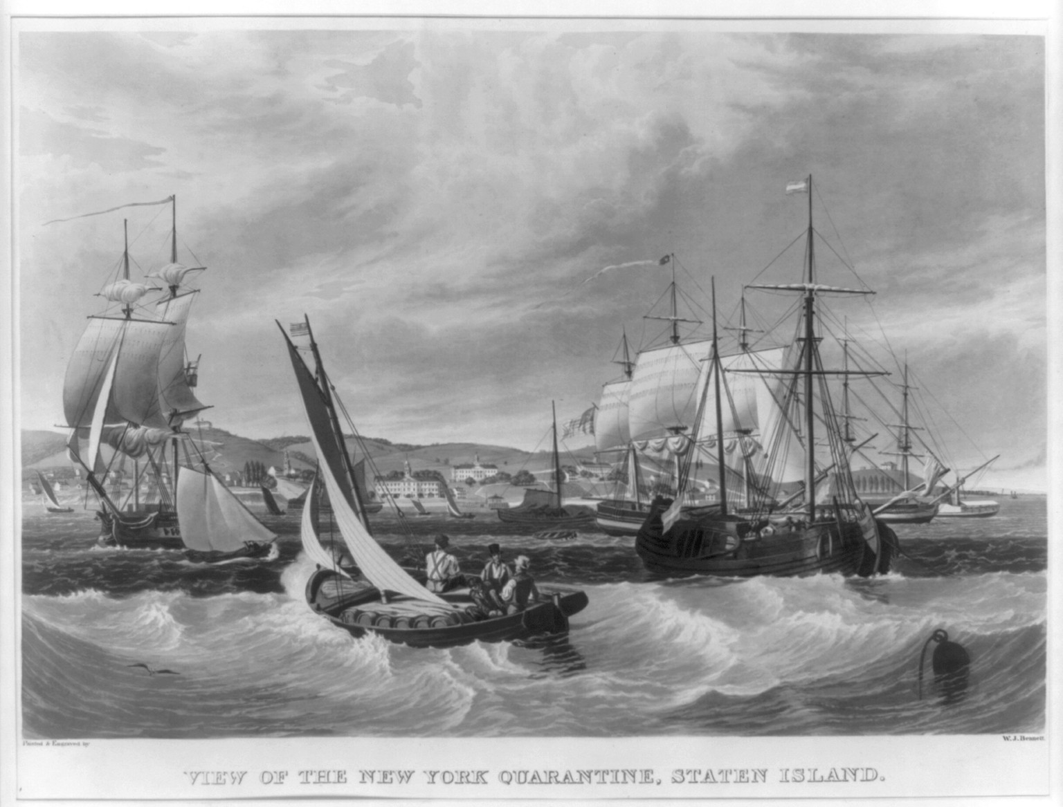 View of the New York quarantine, Staten Island / painted & engraved by W.J. Bennett., New York : Published by Parker & Co. 186 and by Lewis P. Clover, 180 Fulton Street, c1833. — historic print